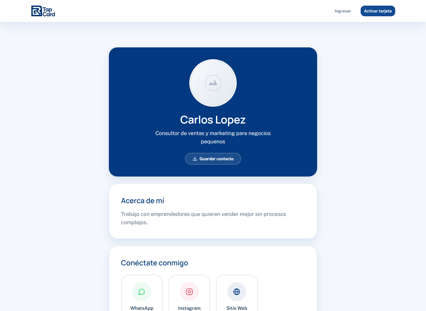 Perfil público de GR TapCard con contacto digital y enlaces
